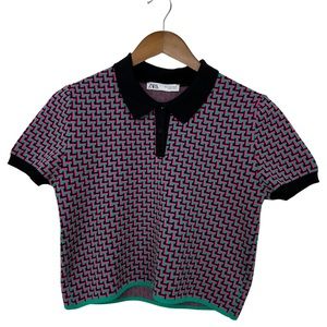 Zara Knit Cropped Geometric Print Green, Pink & Black Collared Sweater Size M